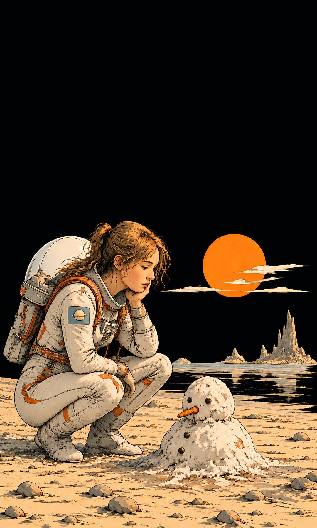 An astronaut crouches on a sandy alien shore, gazing at a melting snowman beneath an orange sun