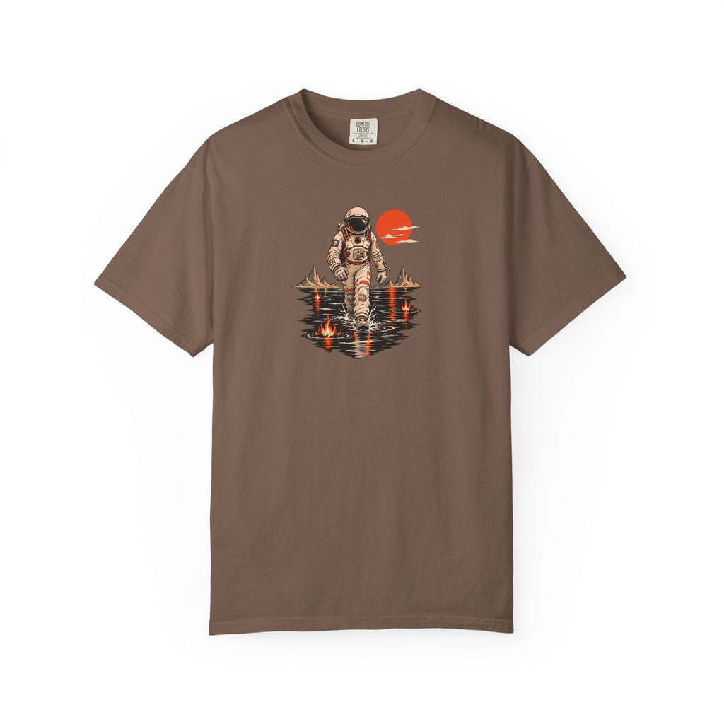 Astronaut Lake Scene T-Shirt — Retro Space Explorer Graphic Tee