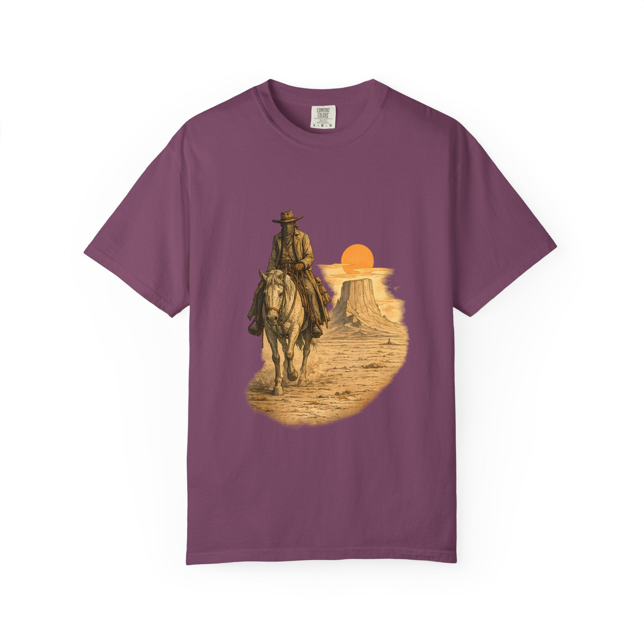 Western Sunset Cowboy T-Shirt — Rider Silhouette Desert Graphic