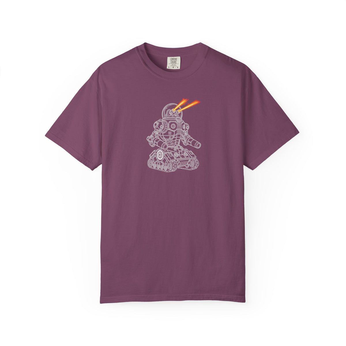Robot Tank Graphic T-Shirt — Retro Mech Design with Laser Eyes