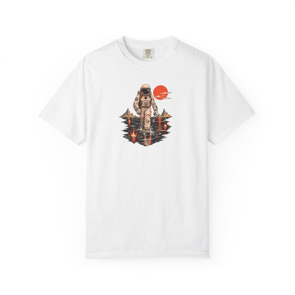 Astronaut Lake Scene T-Shirt — Retro Space Explorer Graphic Tee