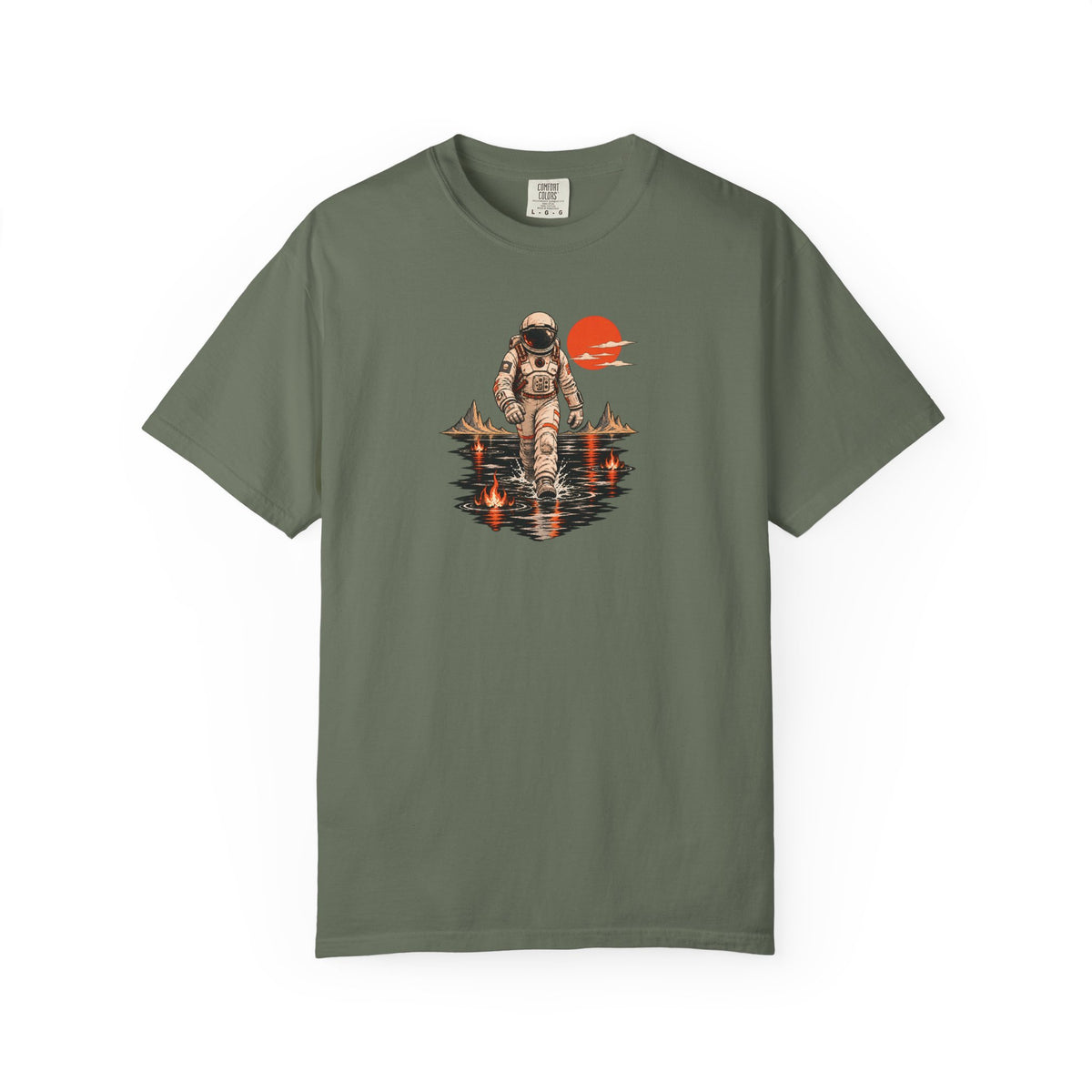 Astronaut Lake Scene T-Shirt — Retro Space Explorer Graphic Tee