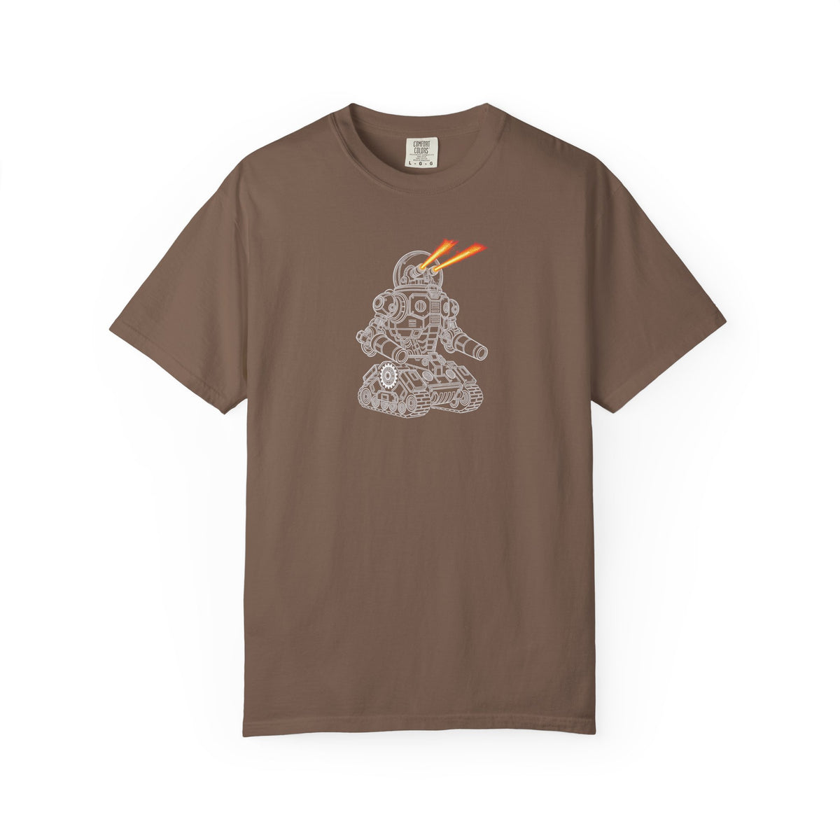 Robot Tank Graphic T-Shirt — Retro Mech Design with Laser Eyes