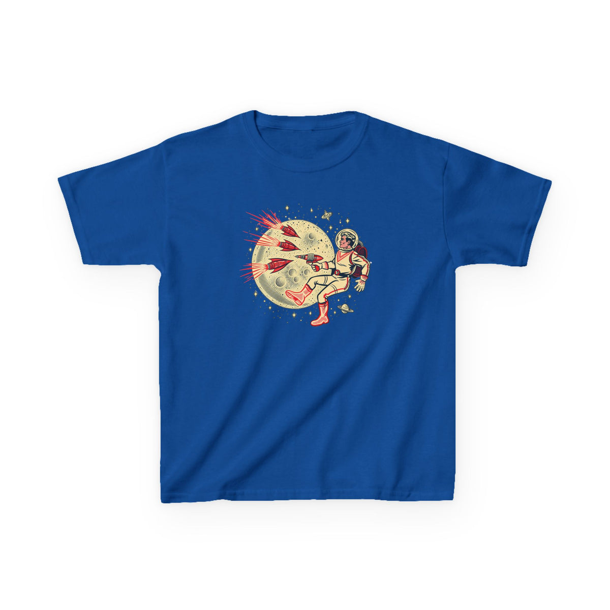 Kids Astronaut Moon Graphic Tee — Retro Space Rocket Shirt for Boys & Girls