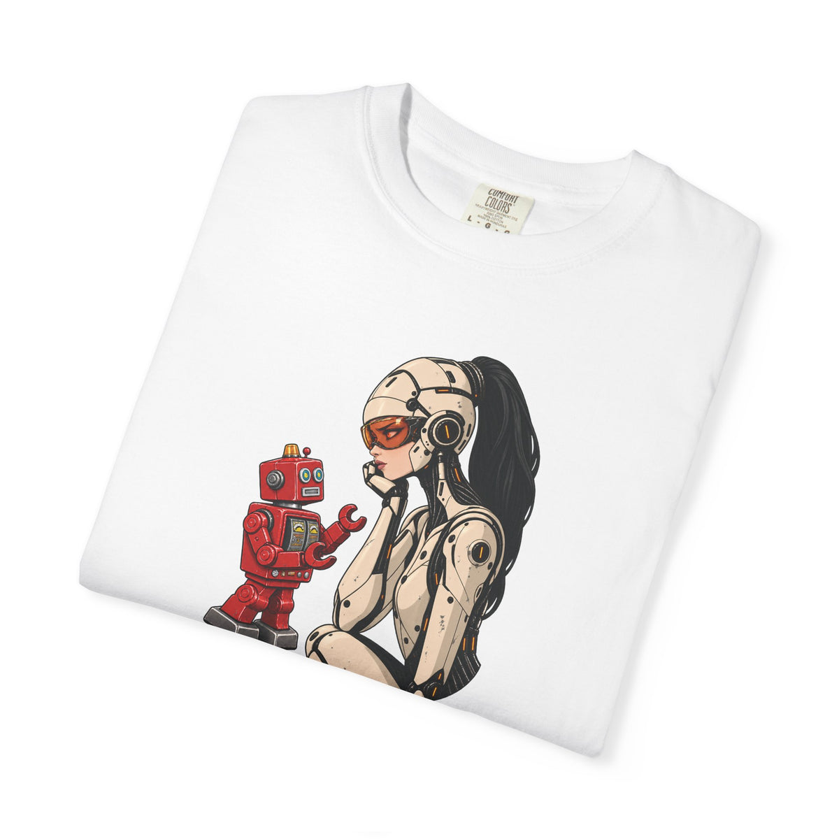 Graphic Tee — Retro Pinup Girl with Red Toy Robot Illustration