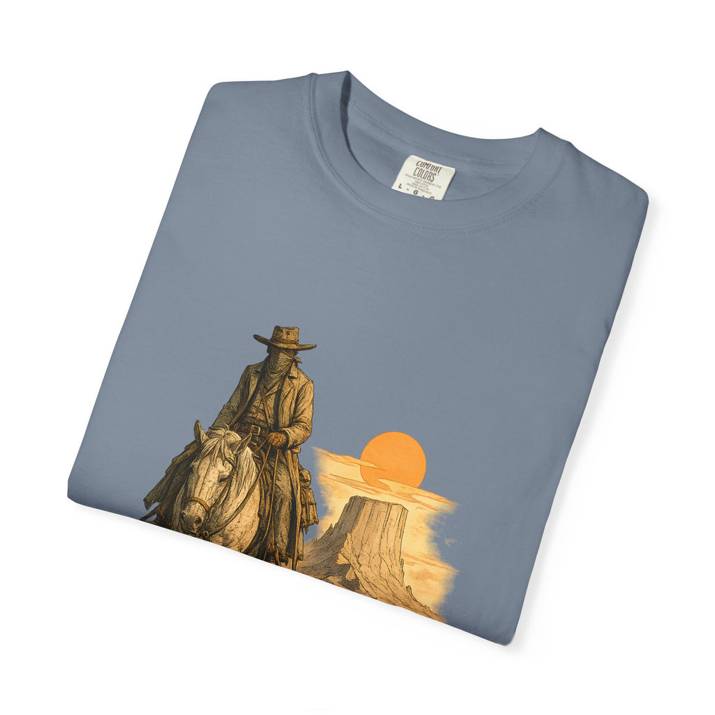 Western Sunset Cowboy T-Shirt — Rider Silhouette Desert Graphic