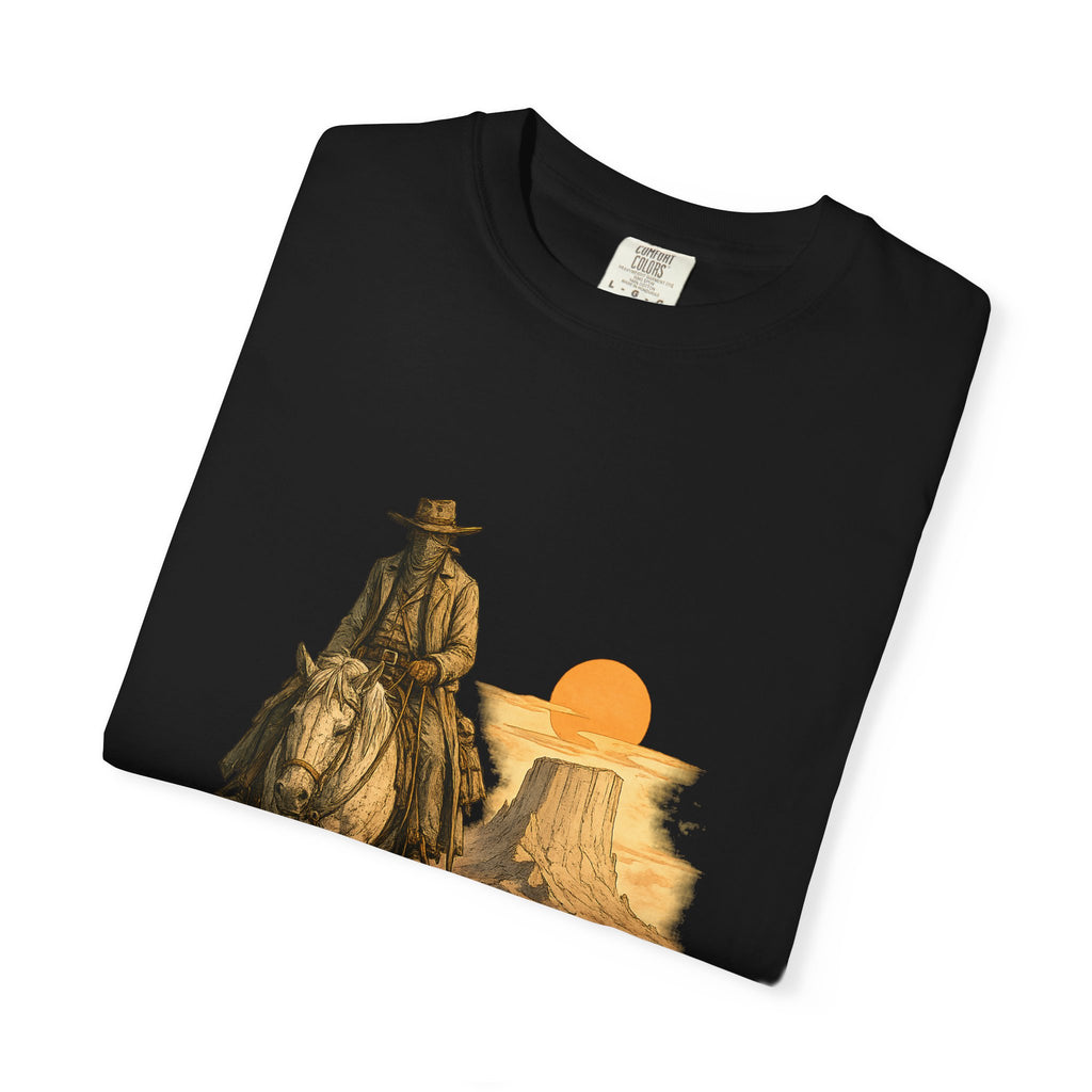 Western Sunset Cowboy T-Shirt — Rider Silhouette Desert Graphic