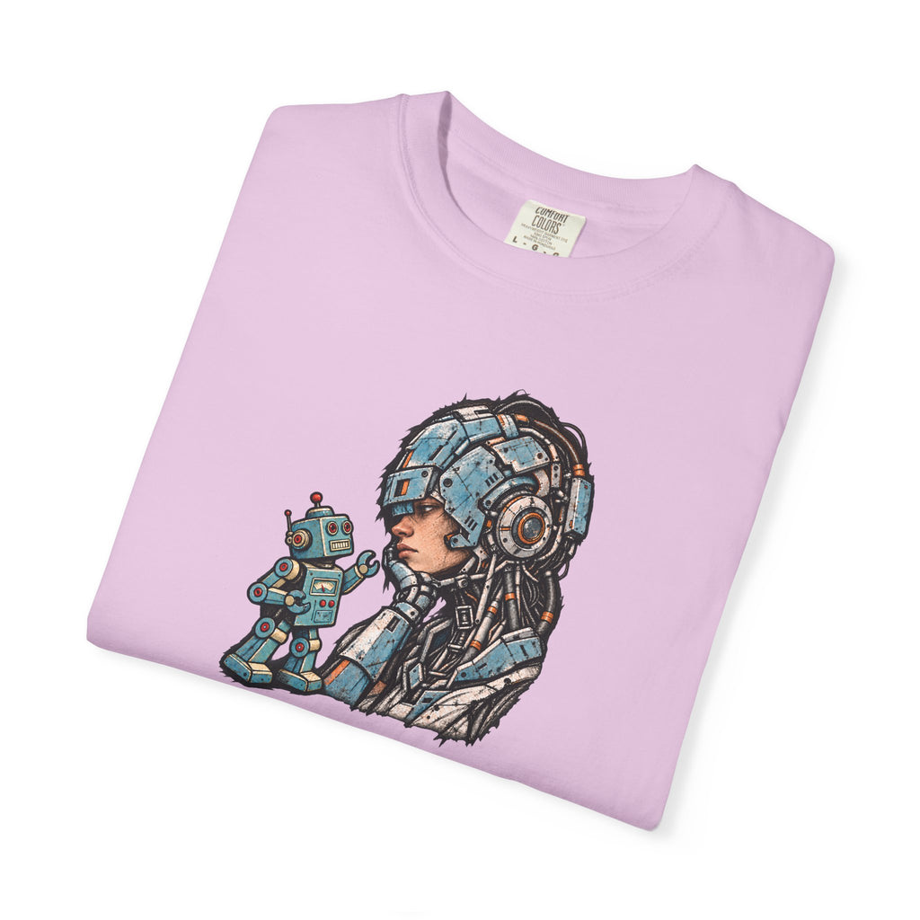 Cyberpunk Pilot T-Shirt — Futuristic Helmeted Girl with Robot Companion