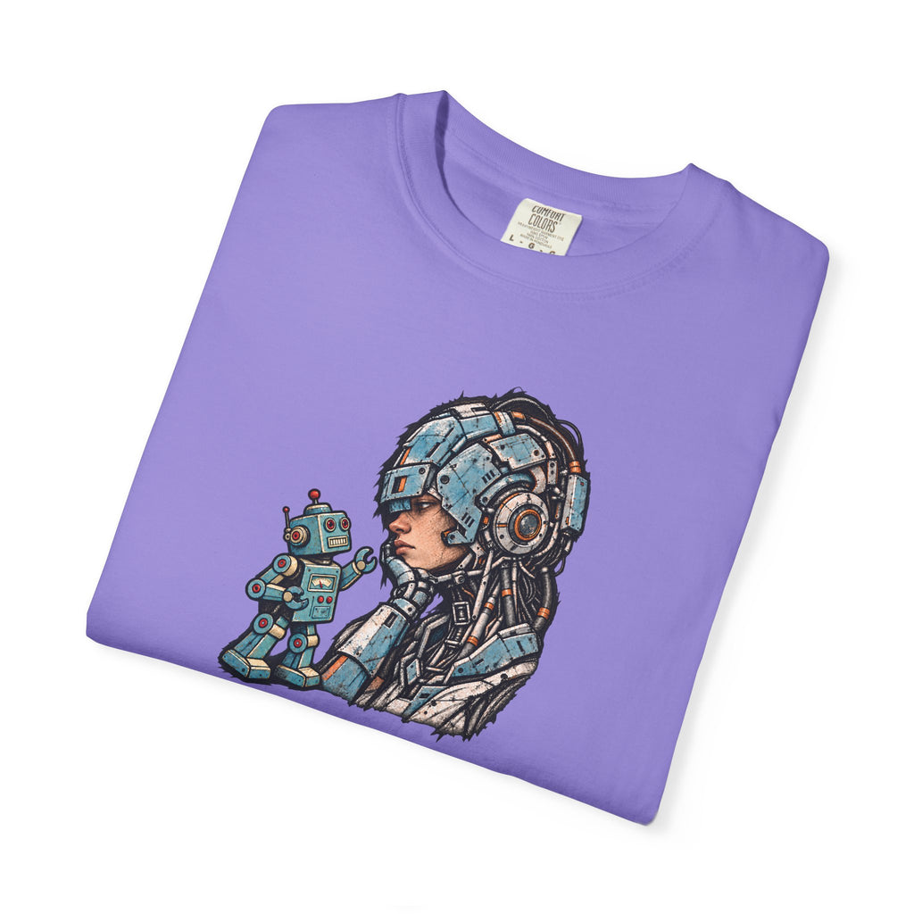Cyberpunk Pilot T-Shirt — Futuristic Helmeted Girl with Robot Companion