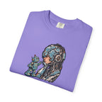 Cyberpunk Pilot T-Shirt — Futuristic Helmeted Girl with Robot Companion