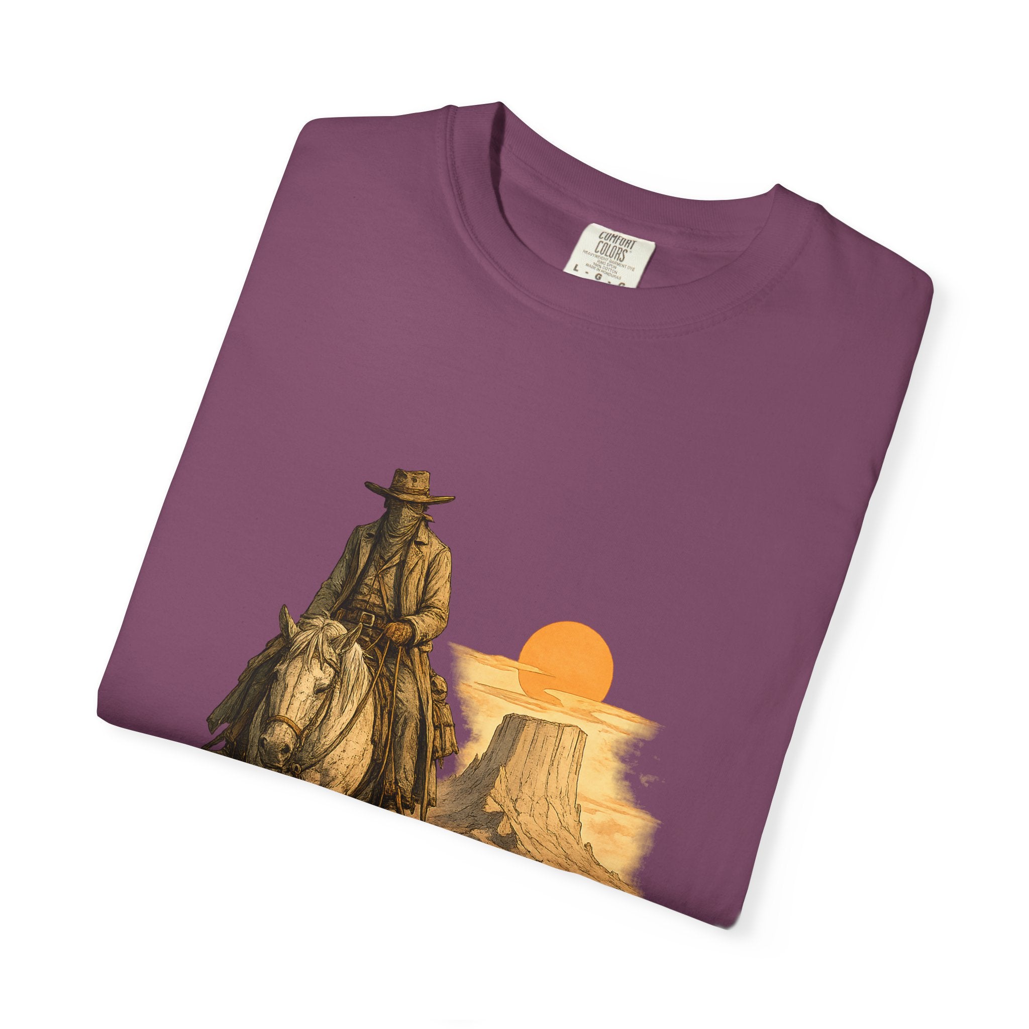 Western Sunset Cowboy T-Shirt — Rider Silhouette Desert Graphic