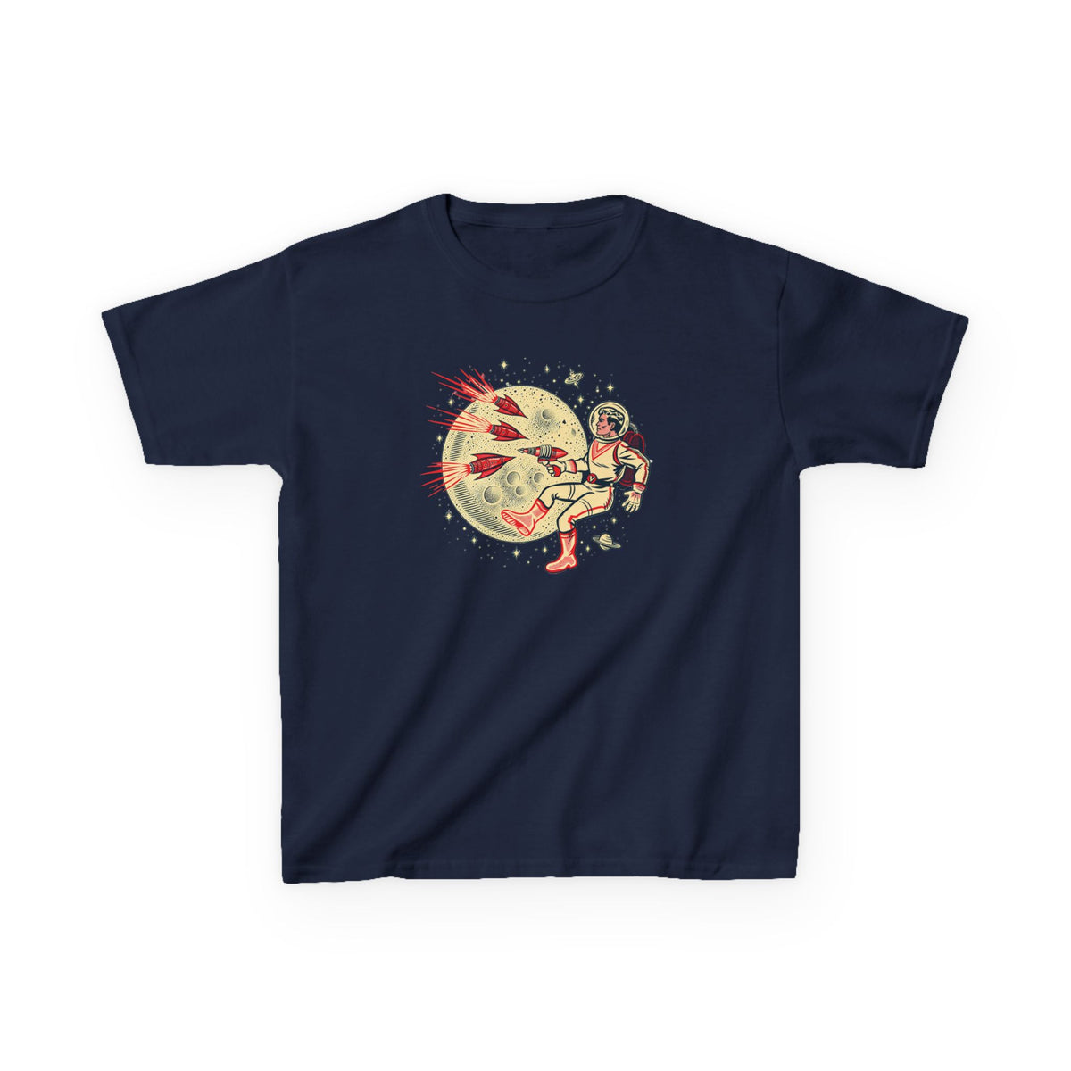 Kids Astronaut Moon Graphic Tee — Retro Space Rocket Shirt for Boys & Girls