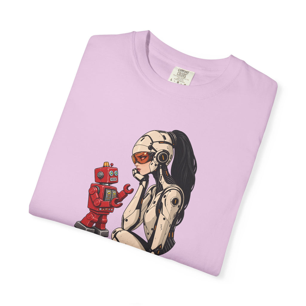 Graphic Tee — Retro Pinup Girl with Red Toy Robot Illustration