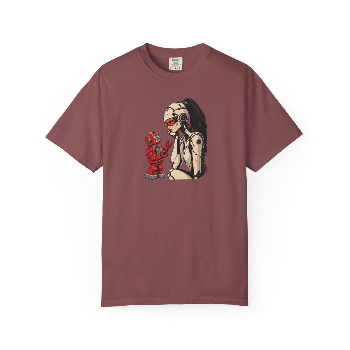 Graphic Tee — Retro Pinup Girl with Red Toy Robot Illustration