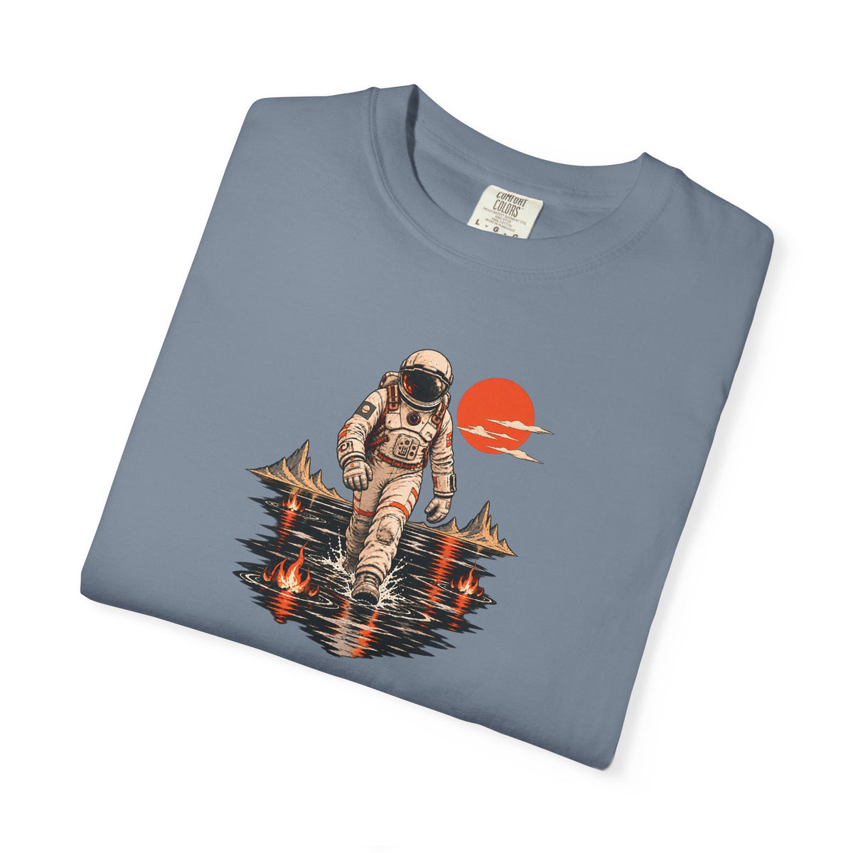 Astronaut Lake Scene T-Shirt — Retro Space Explorer Graphic Tee