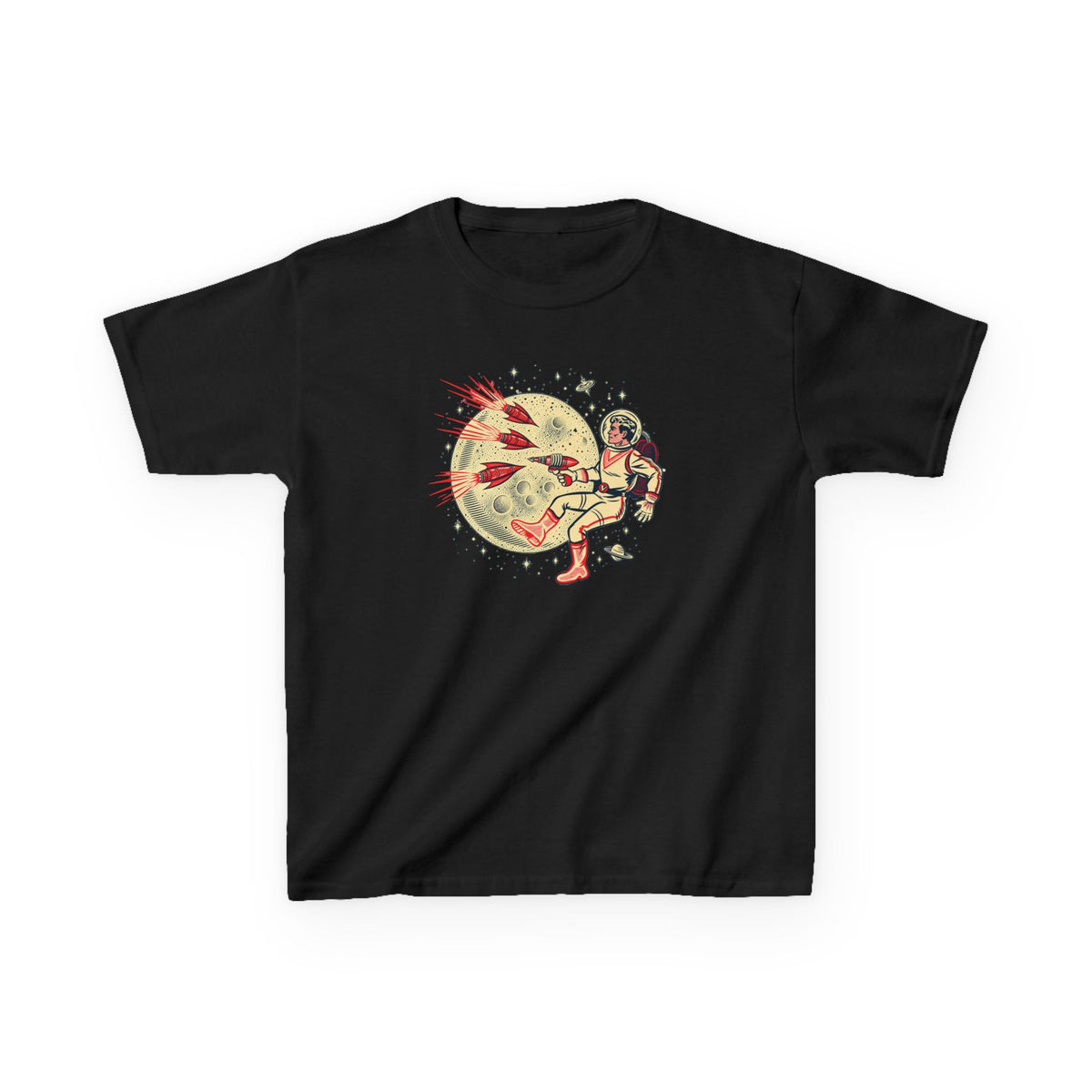 Kids Astronaut Moon Graphic Tee — Retro Space Rocket Shirt for Boys & Girls
