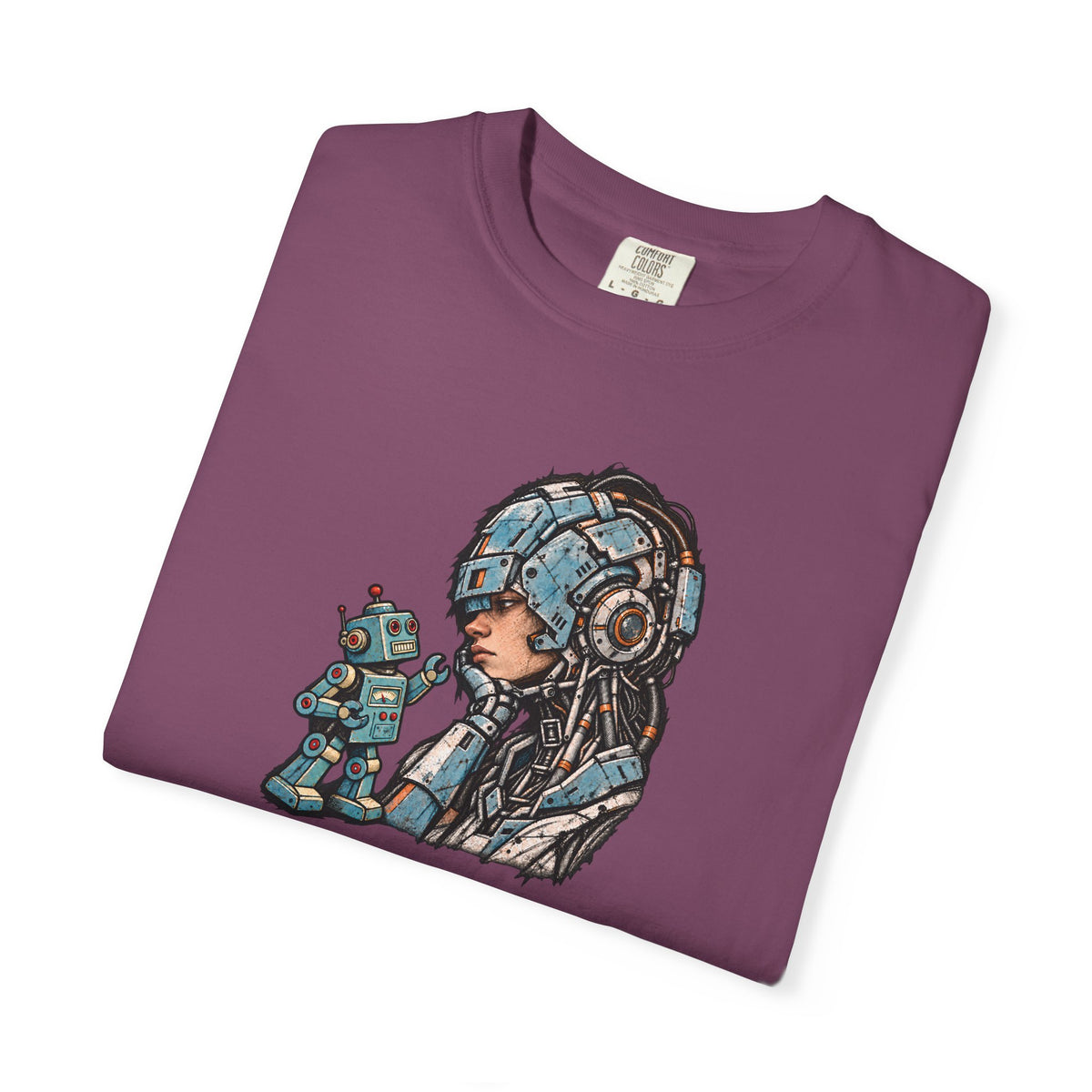 Cyberpunk Pilot T-Shirt — Futuristic Helmeted Girl with Robot Companion