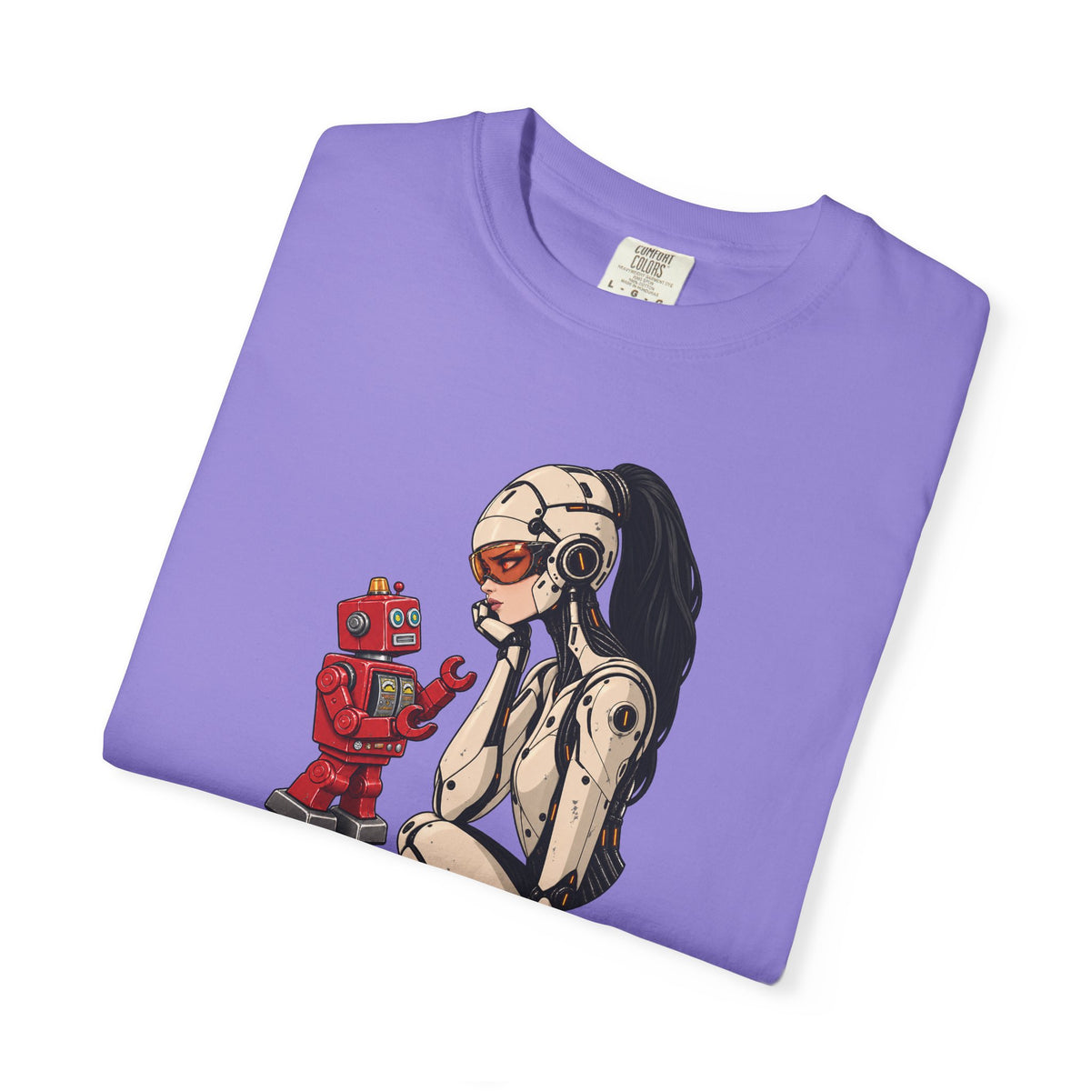 Graphic Tee — Retro Pinup Girl with Red Toy Robot Illustration