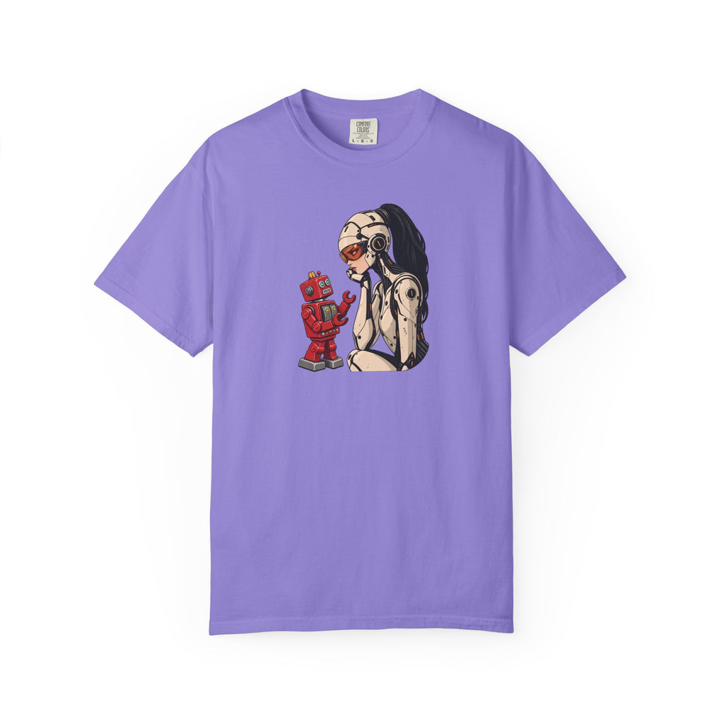 Graphic Tee — Retro Pinup Girl with Red Toy Robot Illustration
