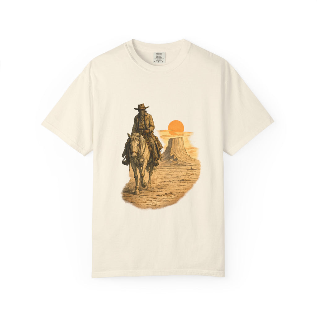 Western Sunset Cowboy T-Shirt — Rider Silhouette Desert Graphic