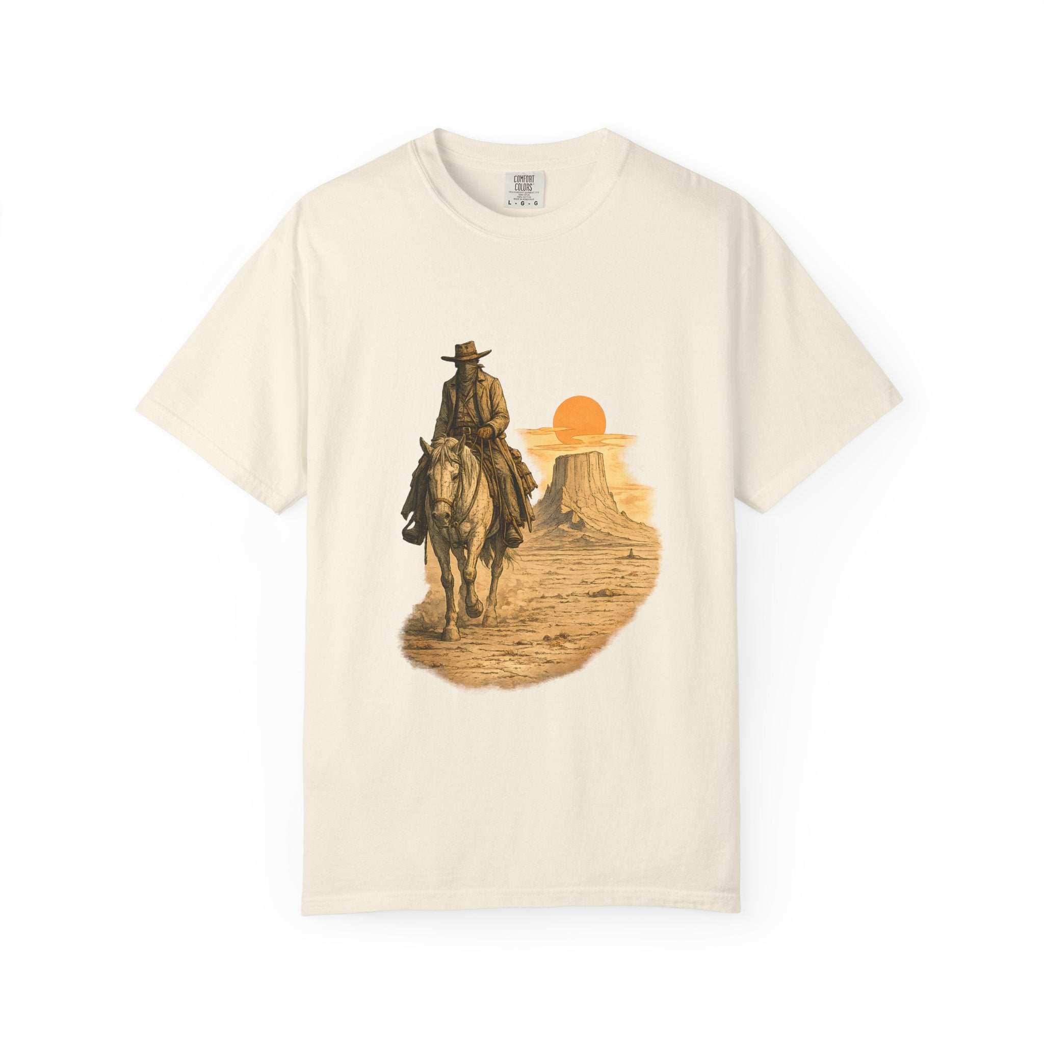 Western Sunset Cowboy T-Shirt — Rider Silhouette Desert Graphic
