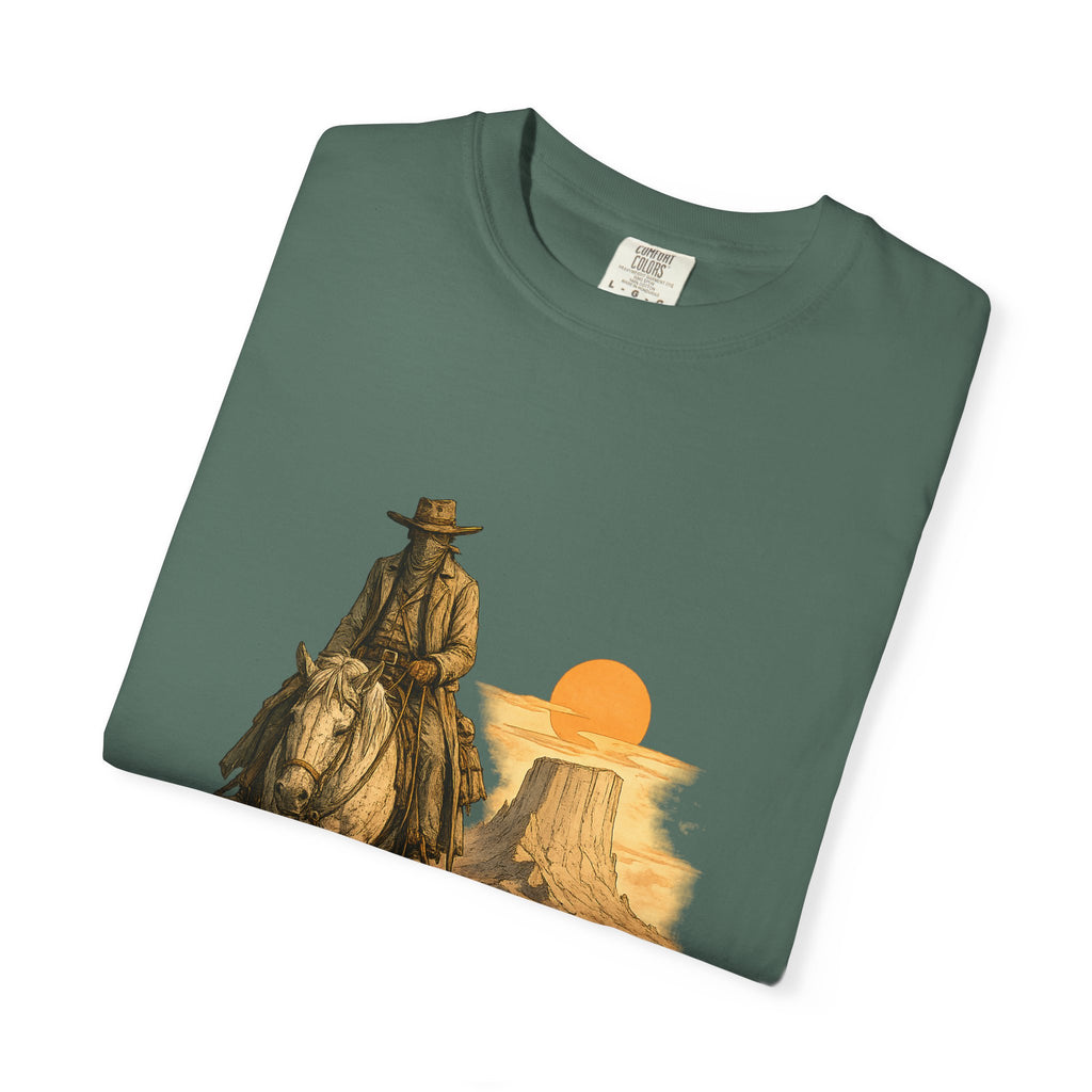 Western Sunset Cowboy T-Shirt — Rider Silhouette Desert Graphic