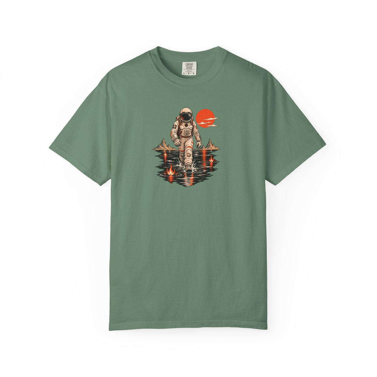 Astronaut Lake Scene T-Shirt — Retro Space Explorer Graphic Tee