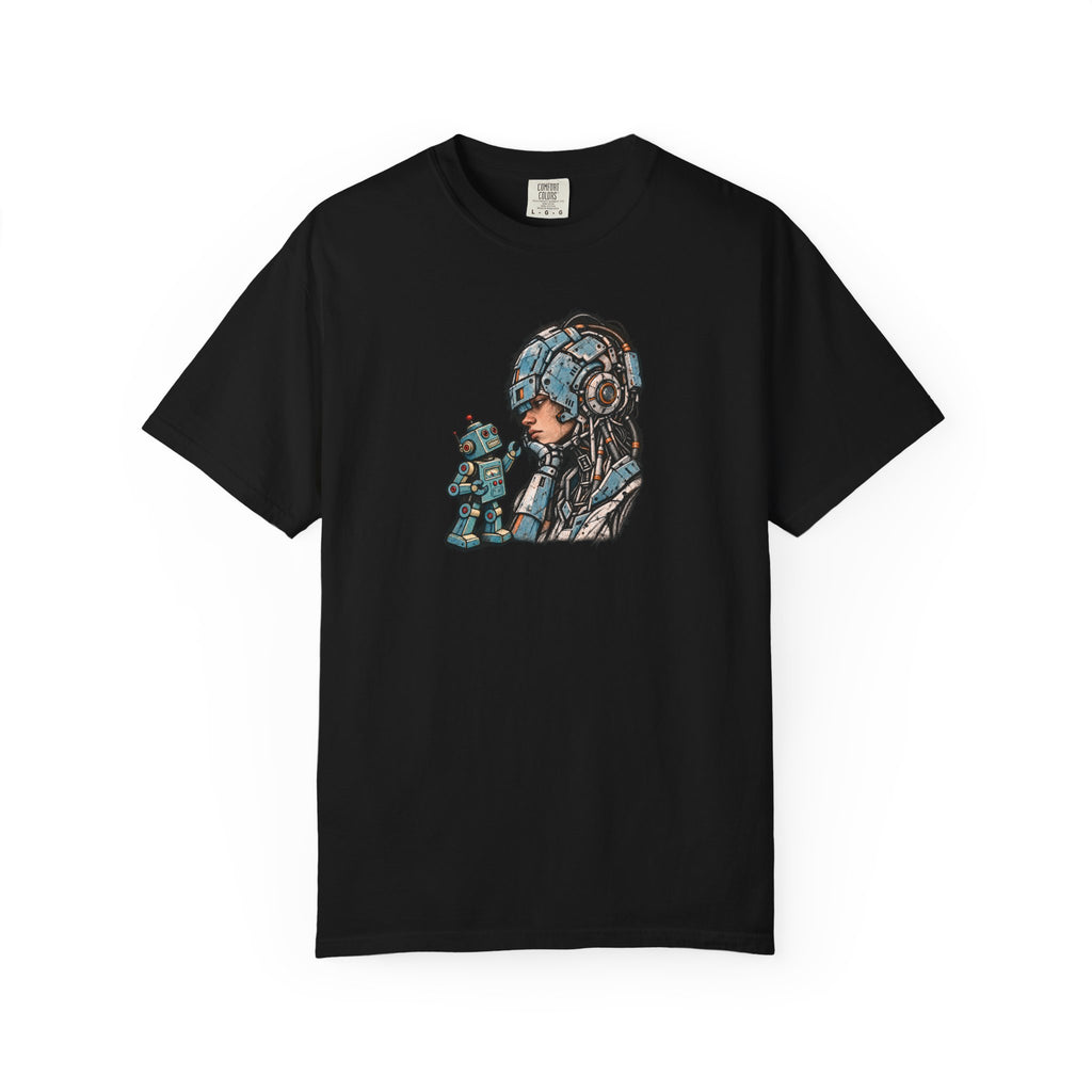 Cyberpunk Pilot T-Shirt — Futuristic Helmeted Girl with Robot Companion