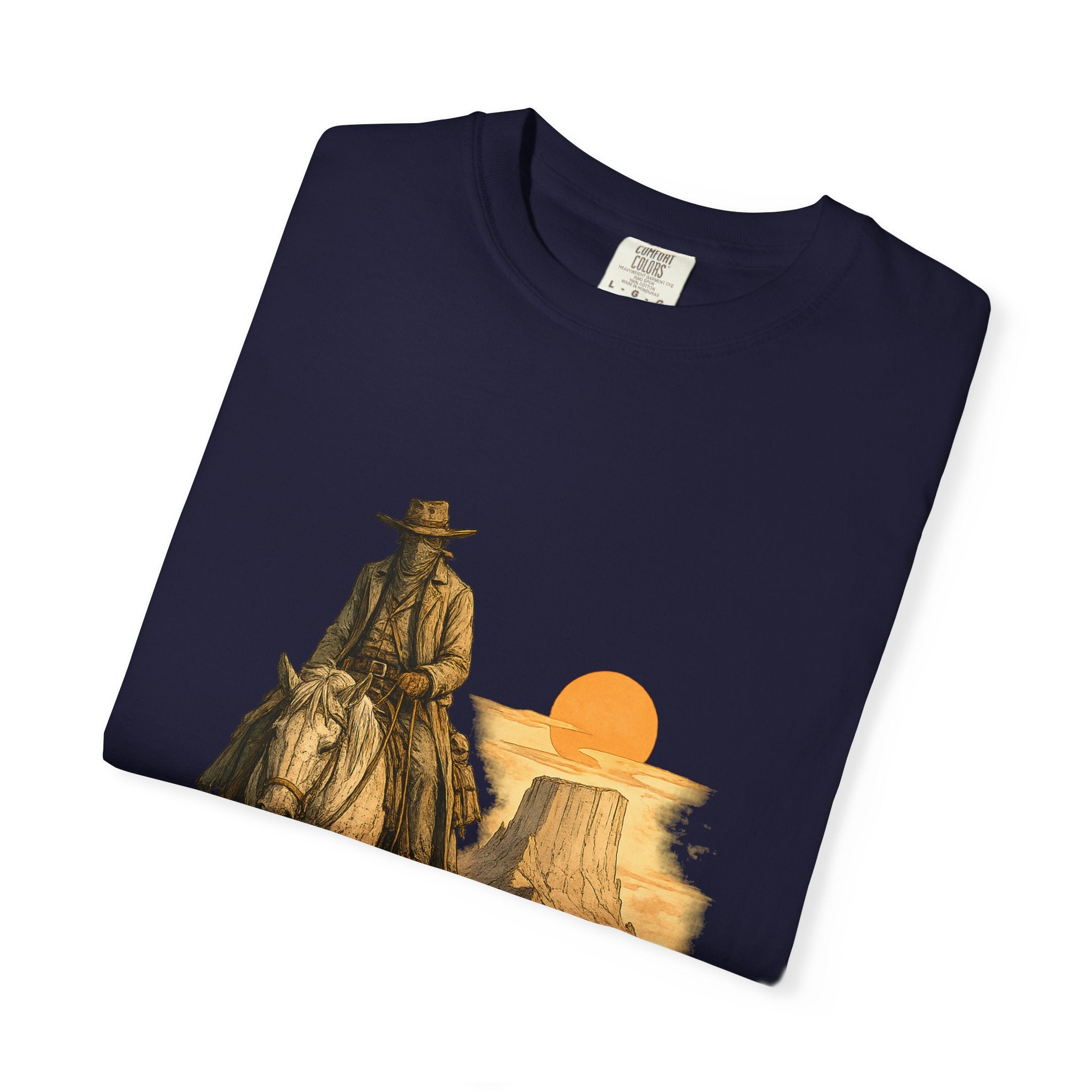 Western Sunset Cowboy T-Shirt — Rider Silhouette Desert Graphic