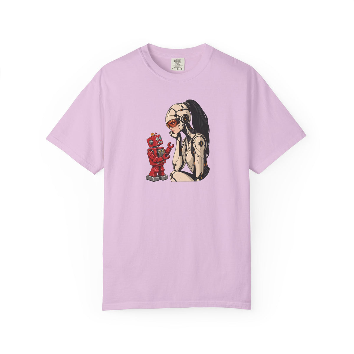 Graphic Tee — Retro Pinup Girl with Red Toy Robot Illustration
