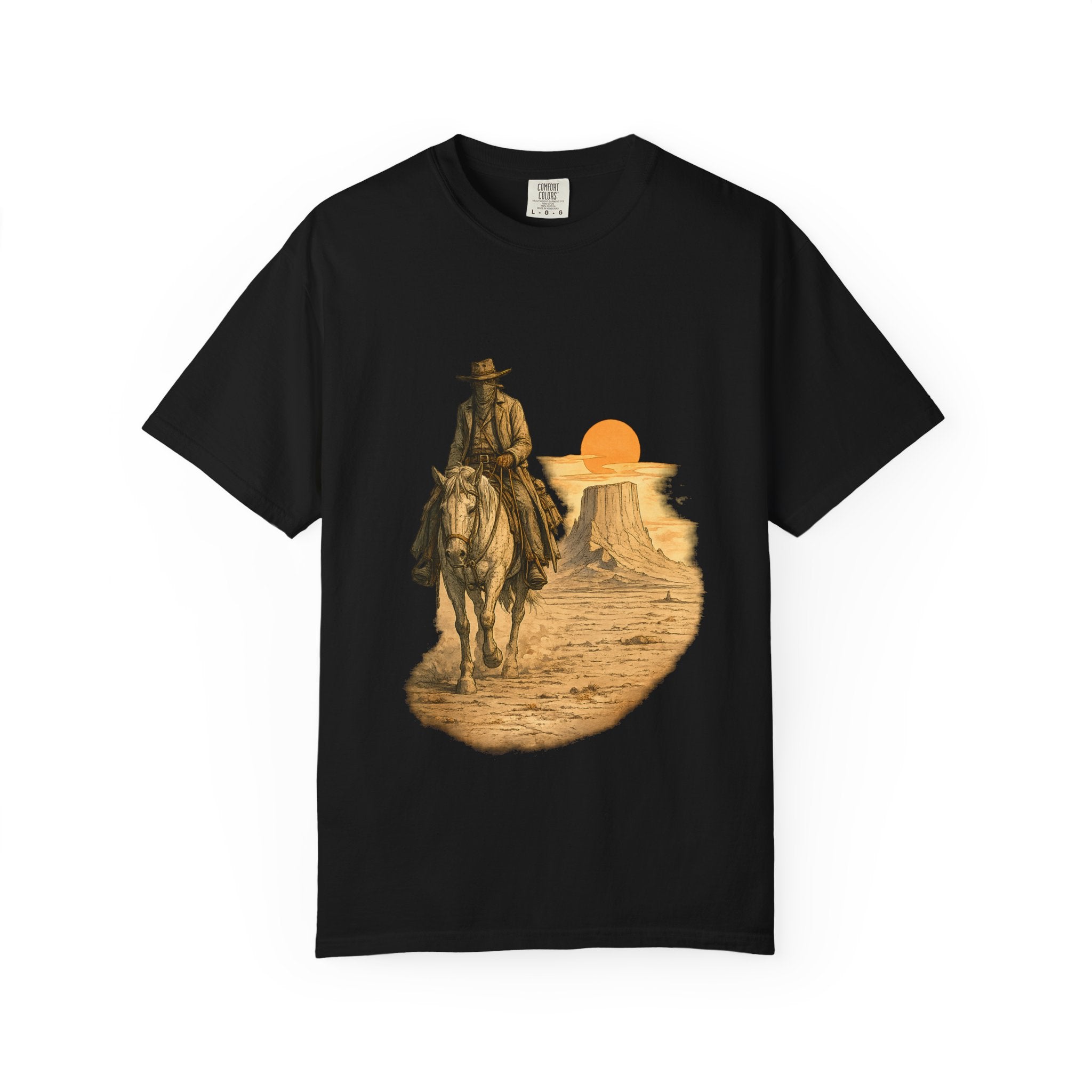 Western Sunset Cowboy T-Shirt — Rider Silhouette Desert Graphic