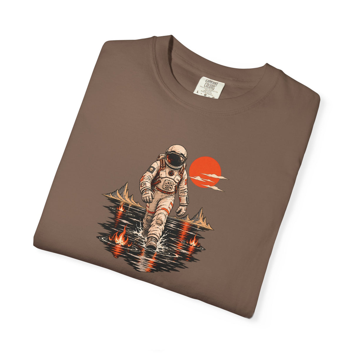 Astronaut Lake Scene T-Shirt — Retro Space Explorer Graphic Tee