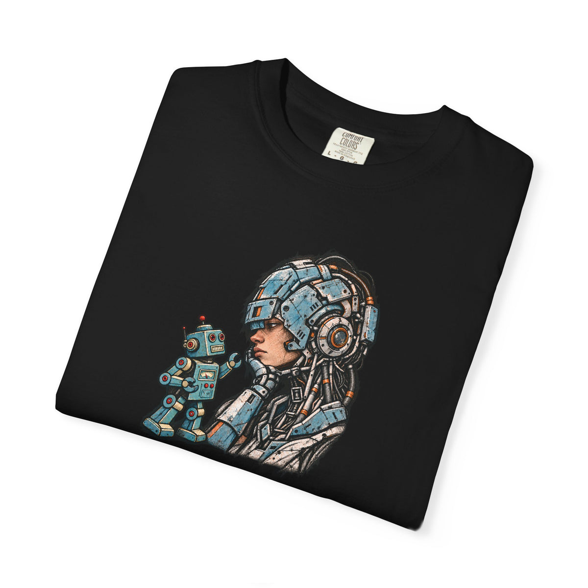 Cyberpunk Pilot T-Shirt — Futuristic Helmeted Girl with Robot Companion