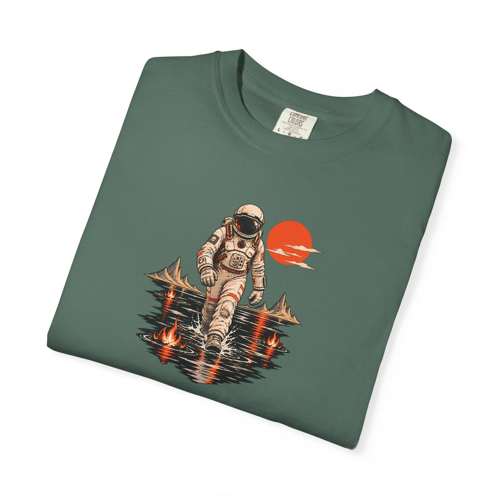 Astronaut Lake Scene T-Shirt — Retro Space Explorer Graphic Tee