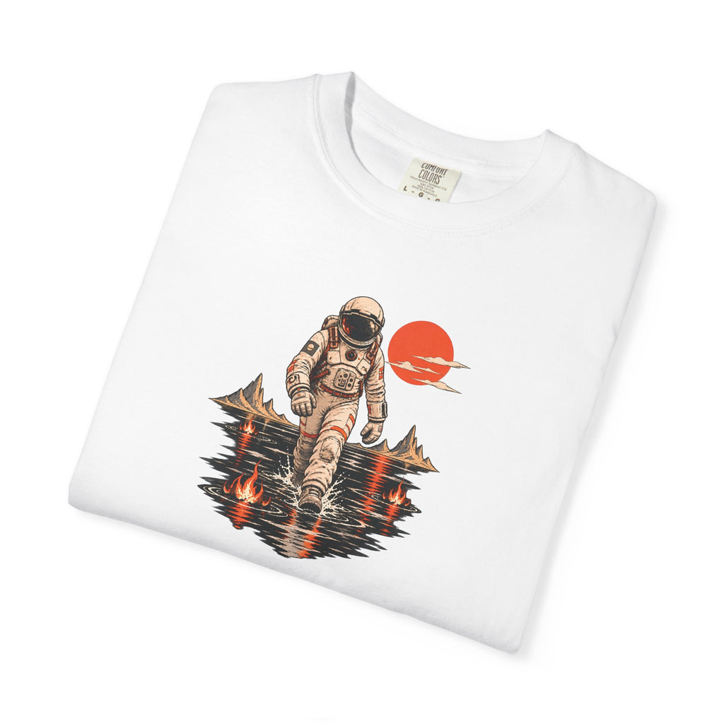 Astronaut Lake Scene T-Shirt — Retro Space Explorer Graphic Tee