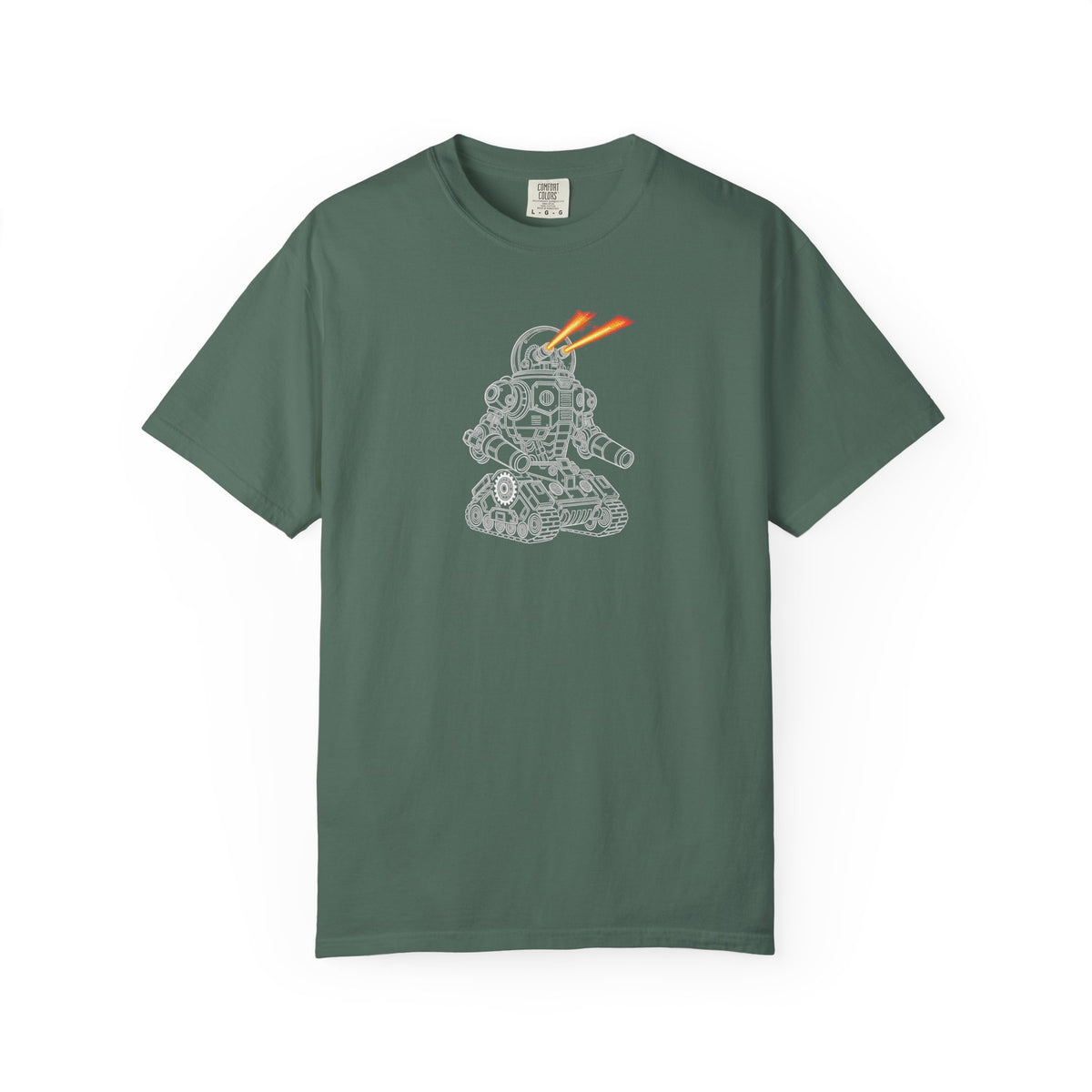 Robot Tank Graphic T-Shirt — Retro Mech Design with Laser Eyes