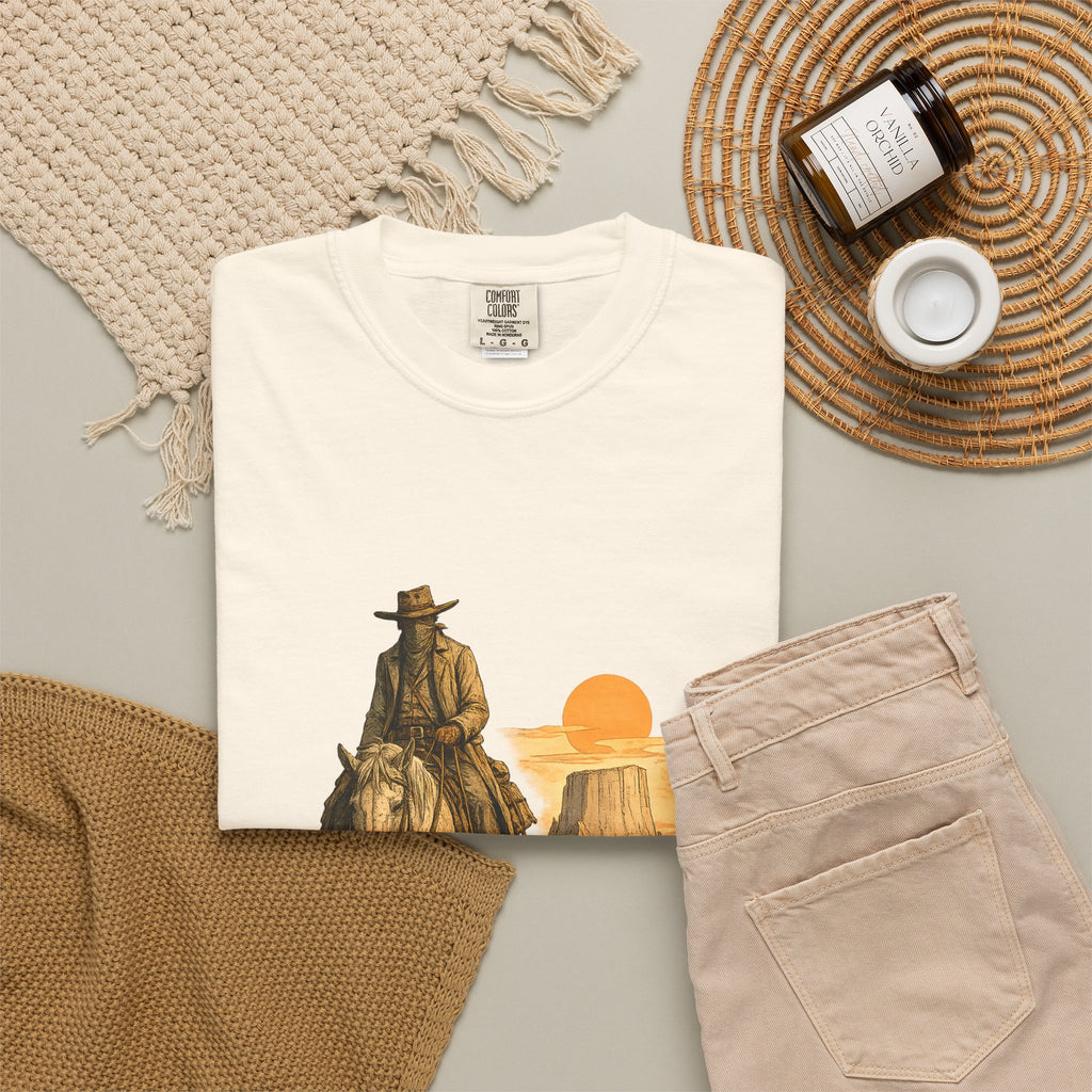 Western Sunset Cowboy T-Shirt — Rider Silhouette Desert Graphic