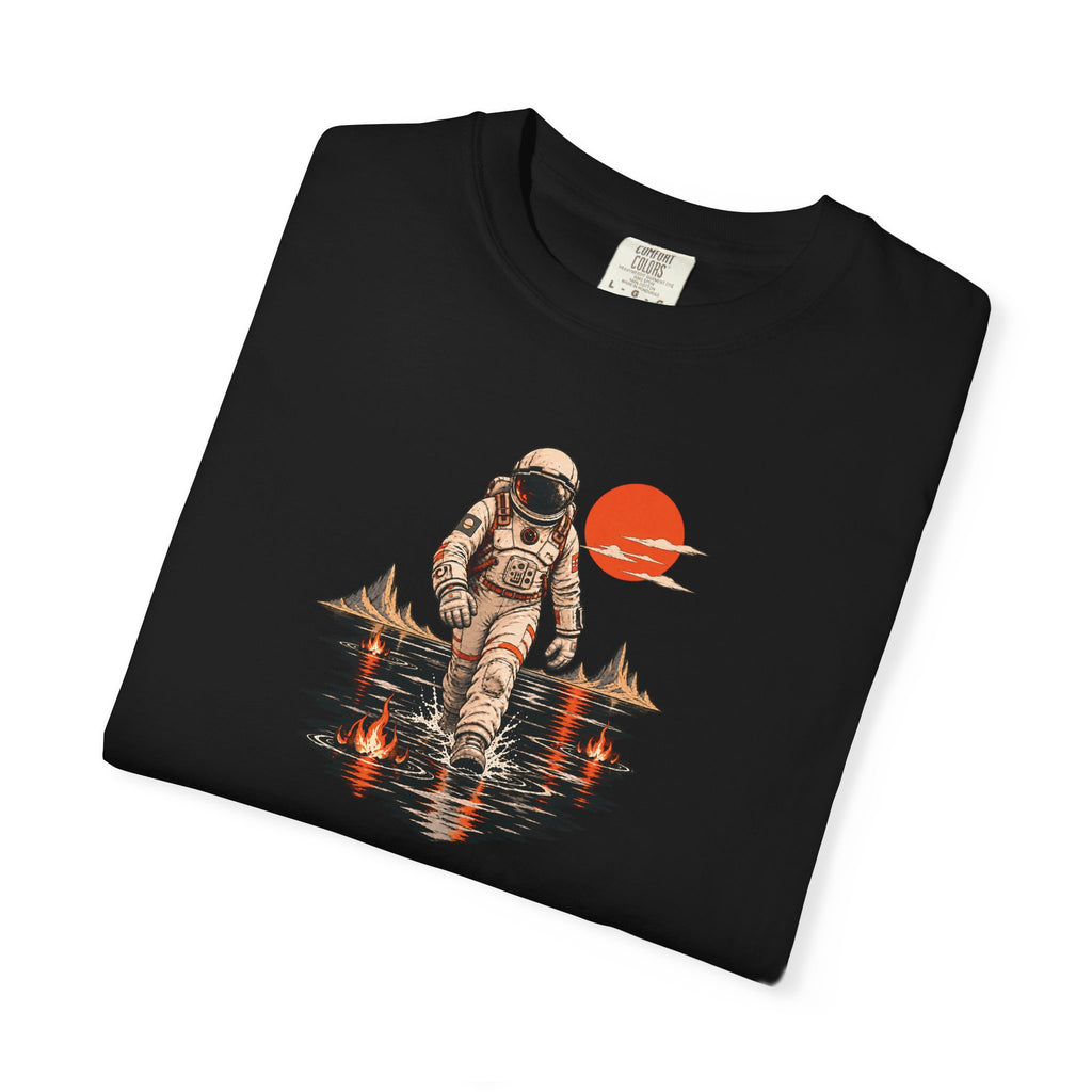 Astronaut Lake Scene T-Shirt — Retro Space Explorer Graphic Tee