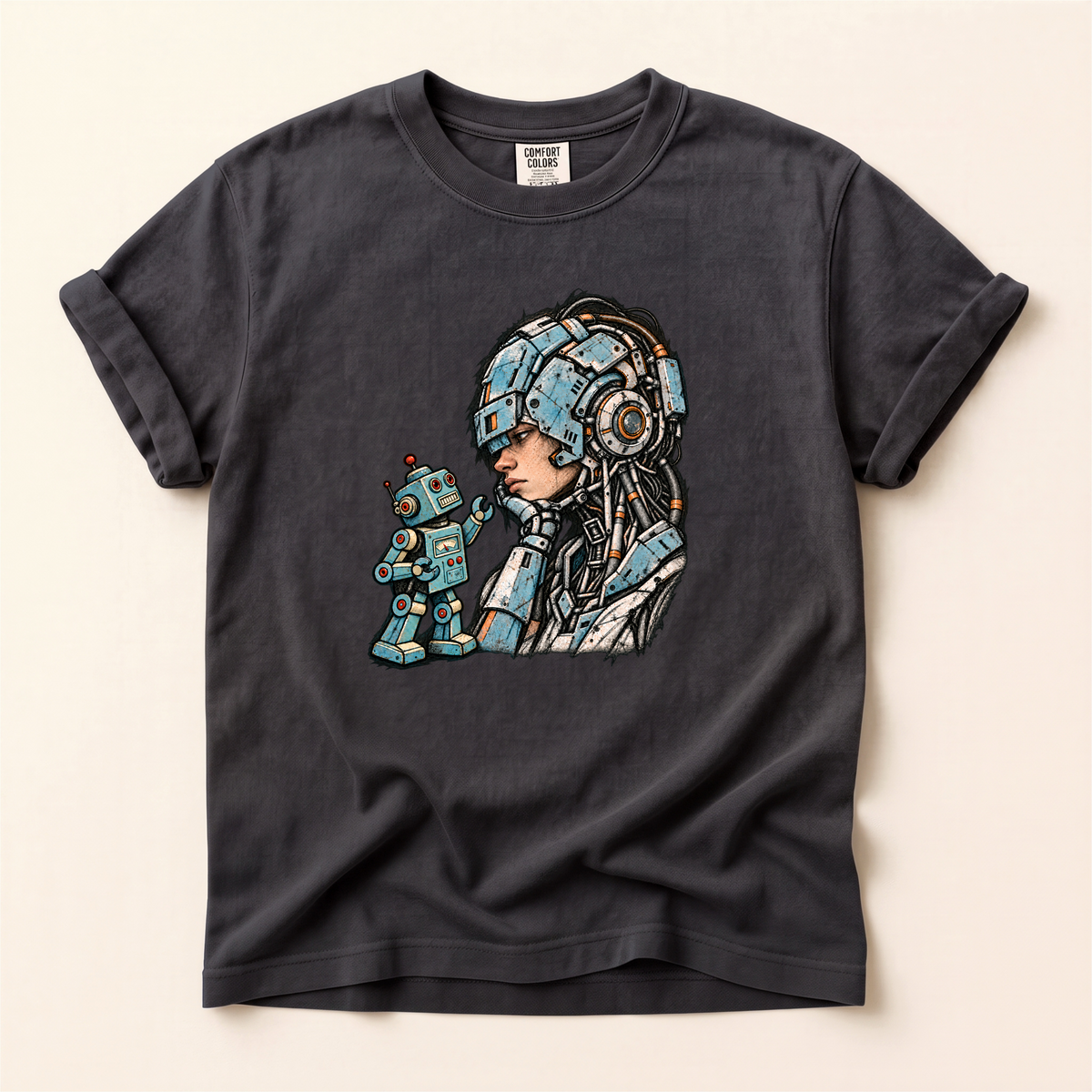 Retro Sci‑Fi Pilot T-Shirt — Woman with Robot Graphic