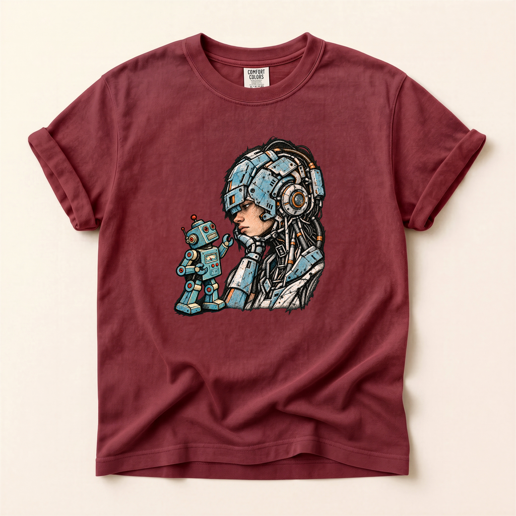 Retro Sci‑Fi Pilot T-Shirt — Woman with Robot Graphic
