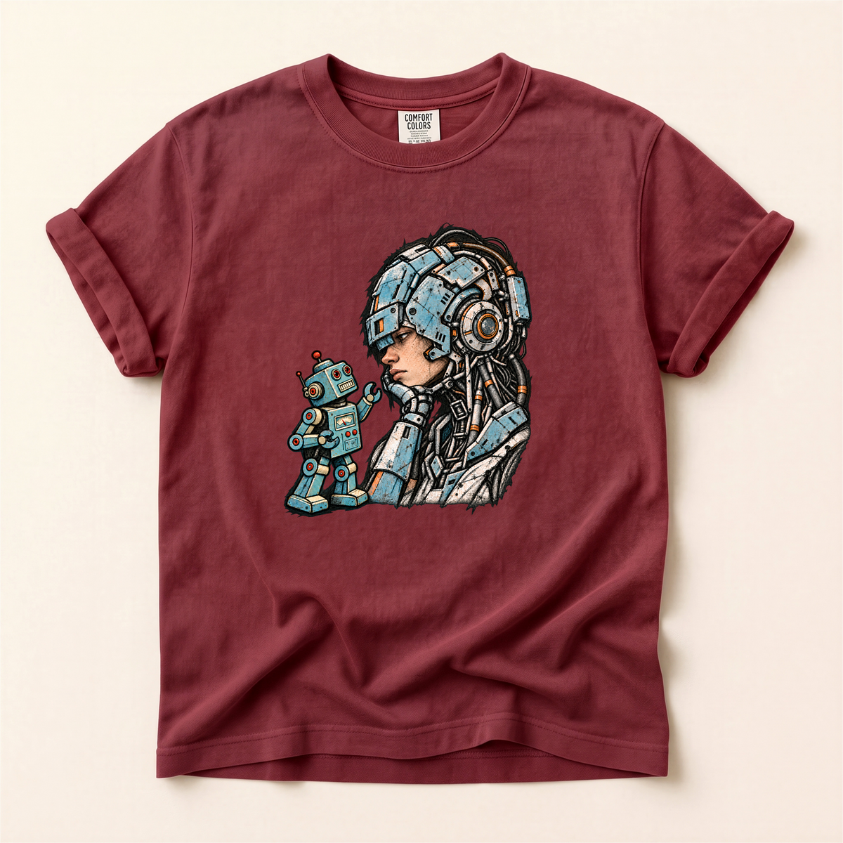 Retro Sci‑Fi Pilot T-Shirt — Woman with Robot Graphic