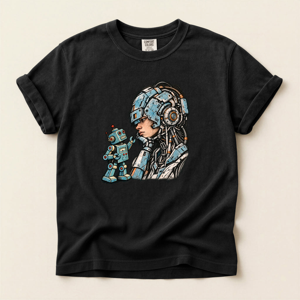Retro Sci‑Fi Pilot T-Shirt — Woman with Robot Graphic