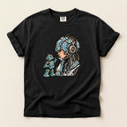 Retro Sci‑Fi Pilot T-Shirt — Woman with Robot Graphic