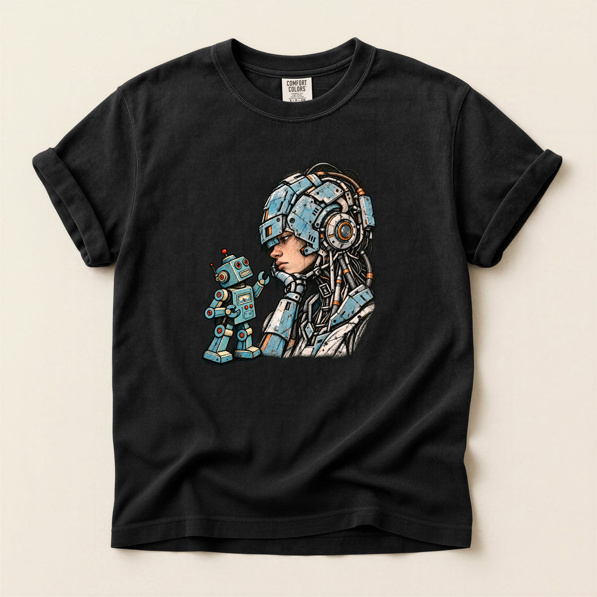 Retro Sci‑Fi Pilot T-Shirt — Woman with Robot Graphic