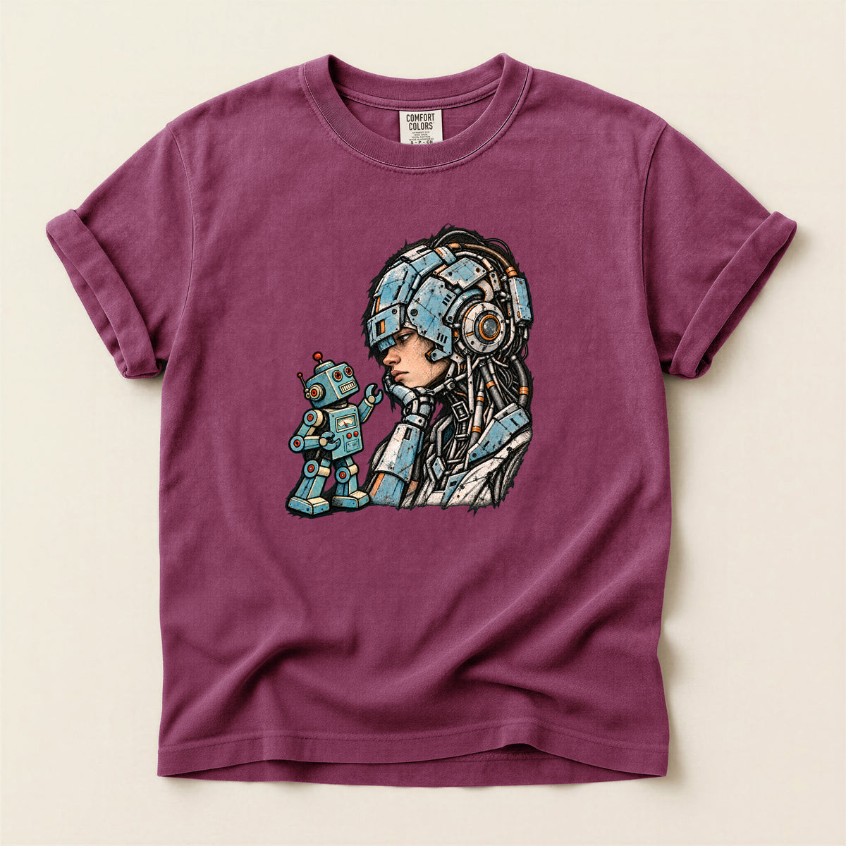 Retro Sci‑Fi Pilot T-Shirt — Woman with Robot Graphic