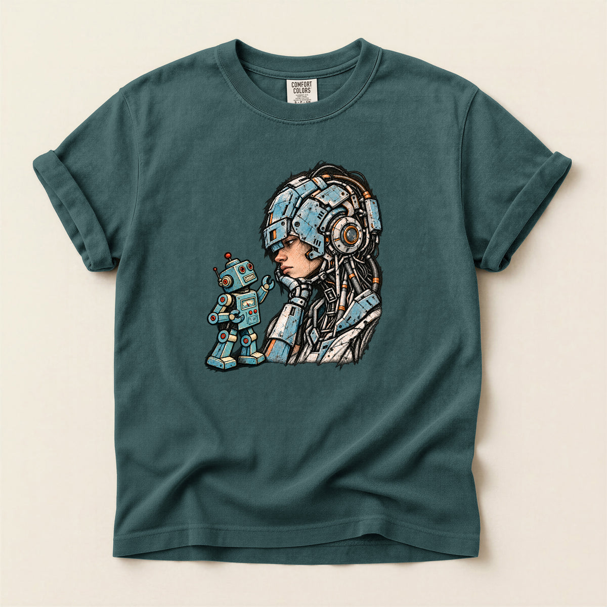 Retro Sci‑Fi Pilot T-Shirt — Woman with Robot Graphic
