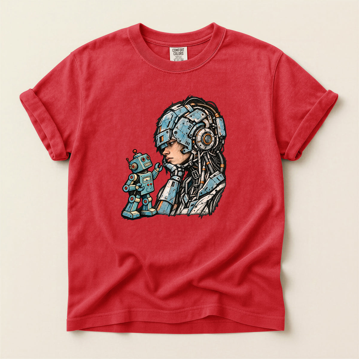 Retro Sci‑Fi Pilot T-Shirt — Woman with Robot Graphic