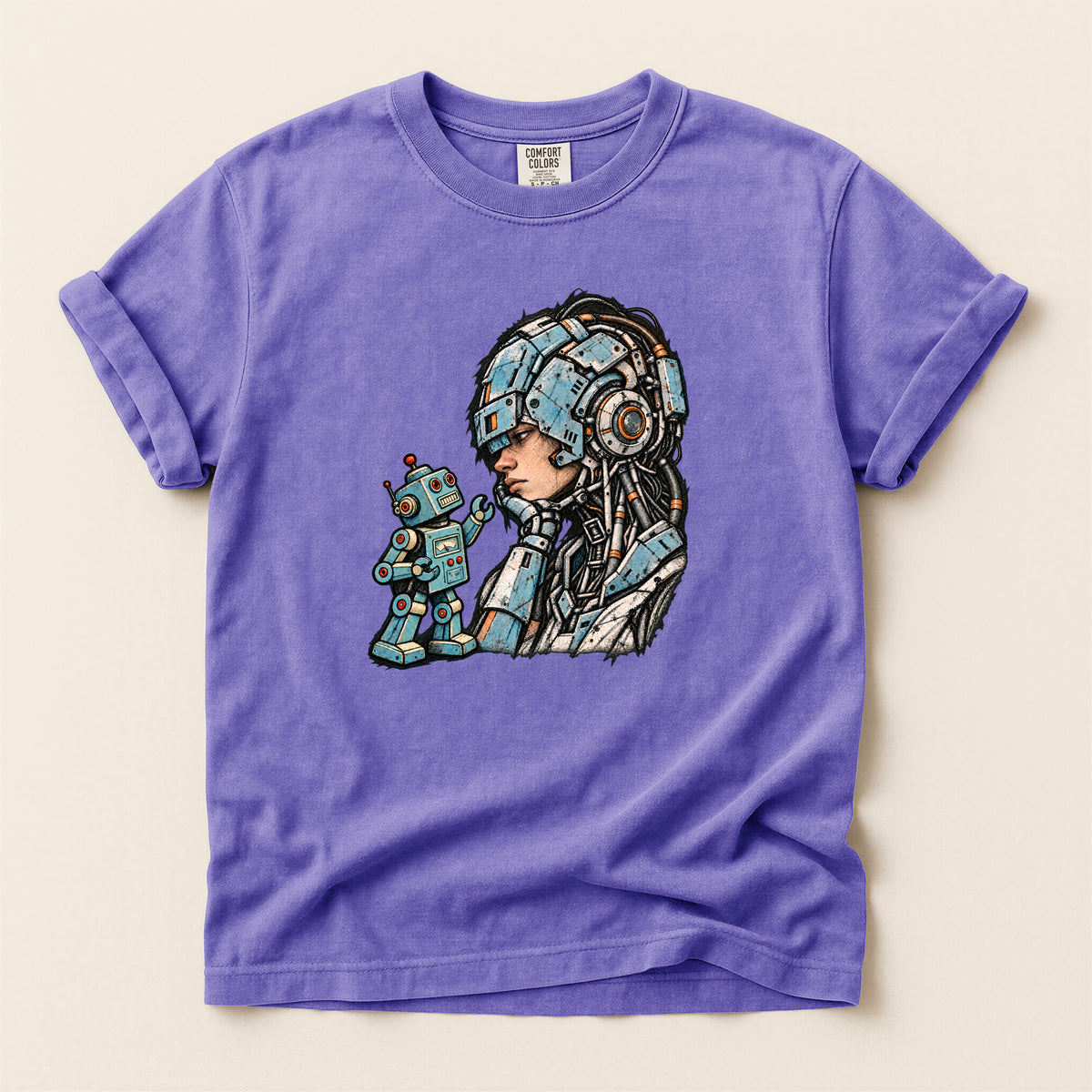 Retro Sci‑Fi Pilot T-Shirt — Woman with Robot Graphic