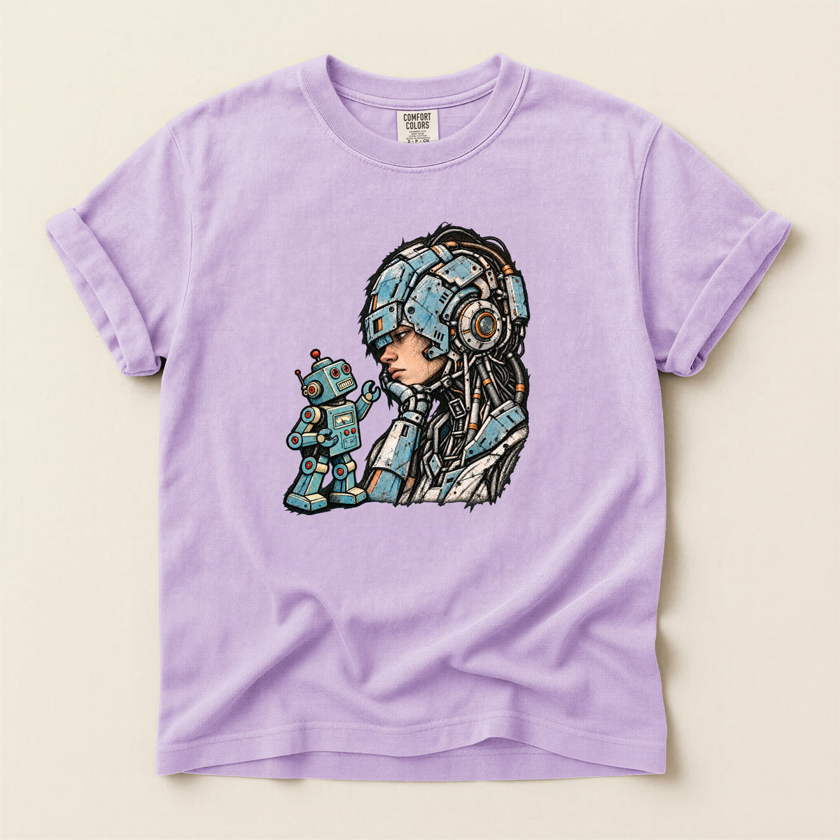 Retro Sci‑Fi Pilot T-Shirt — Woman with Robot Graphic