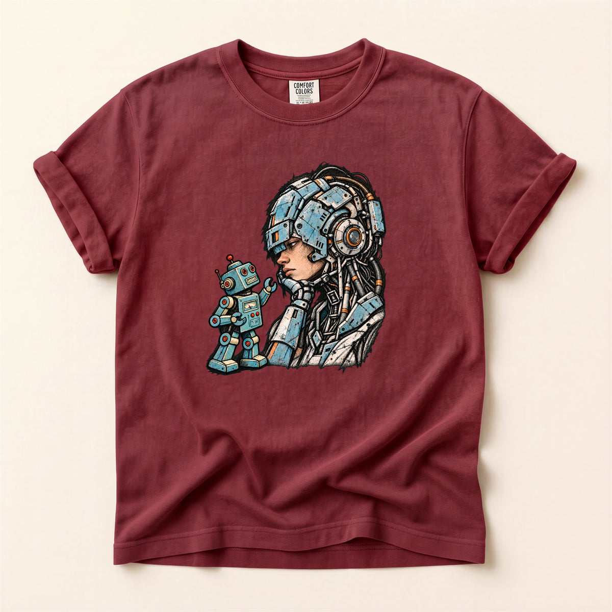 Retro Sci‑Fi Pilot T-Shirt — Woman with Robot Graphic